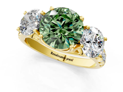 Yellow gold Three-Stone Fancy Green Round Cut Diamond Pavé Band with Prong Setting_1