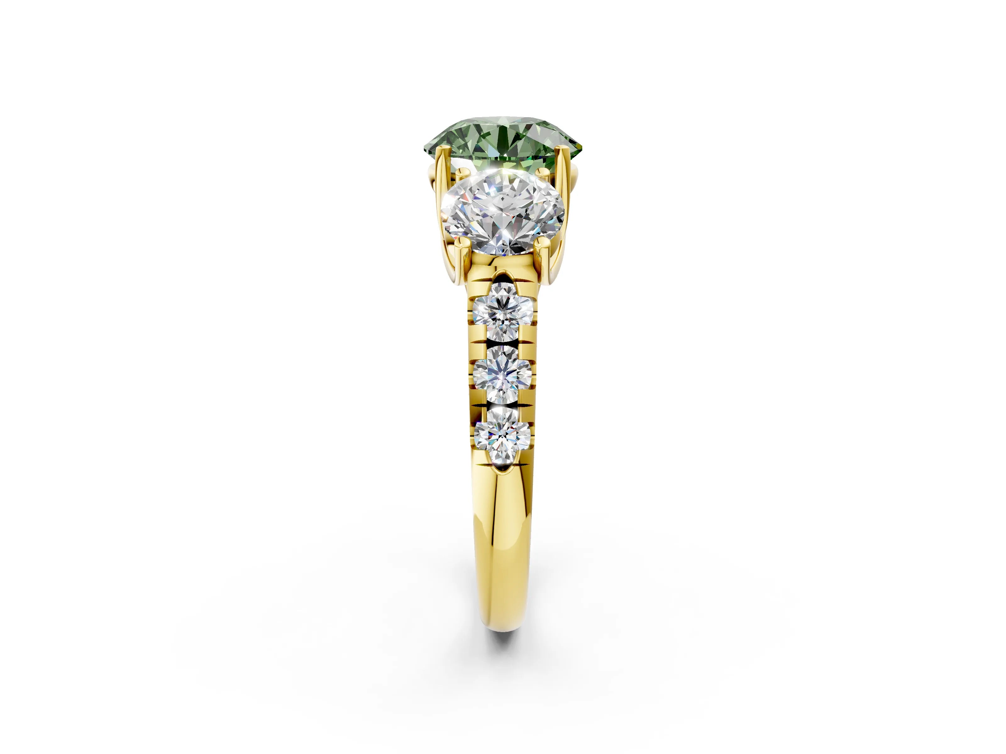 Yellow gold Three-Stone Fancy Green Round Cut Diamond Pavé Band with Prong Setting_2