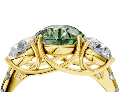 Yellow gold Three-Stone Fancy Green Round Cut Diamond Pavé Band with Prong Setting_4