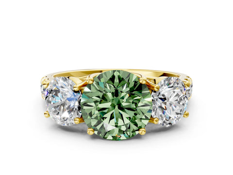 Yellow gold Three-Stone Fancy Green Round Cut Diamond Pavé Band with Prong Setting