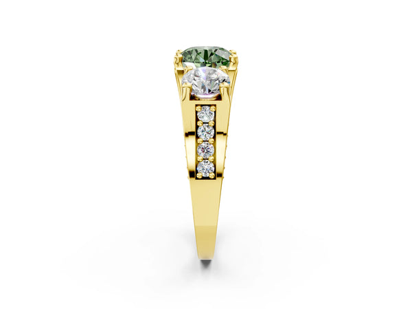 Yellow gold Fancy Green Round Cut Diamond Three-Stone Ring with Channel Set Band and Four-Prong Setting