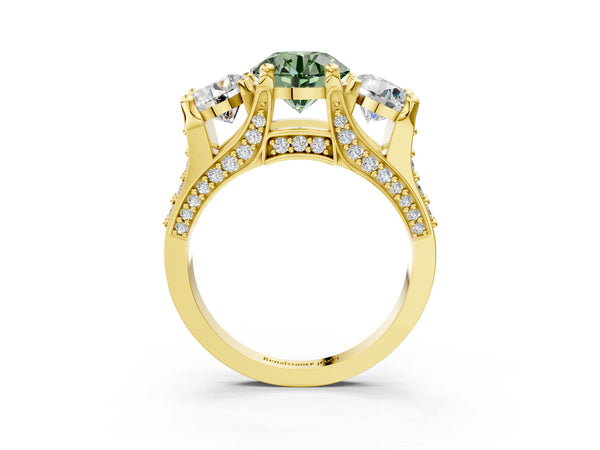 Yellow gold Fancy Green Round Cut Diamond Three-Stone Ring with Channel Set Band and Four-Prong Setting