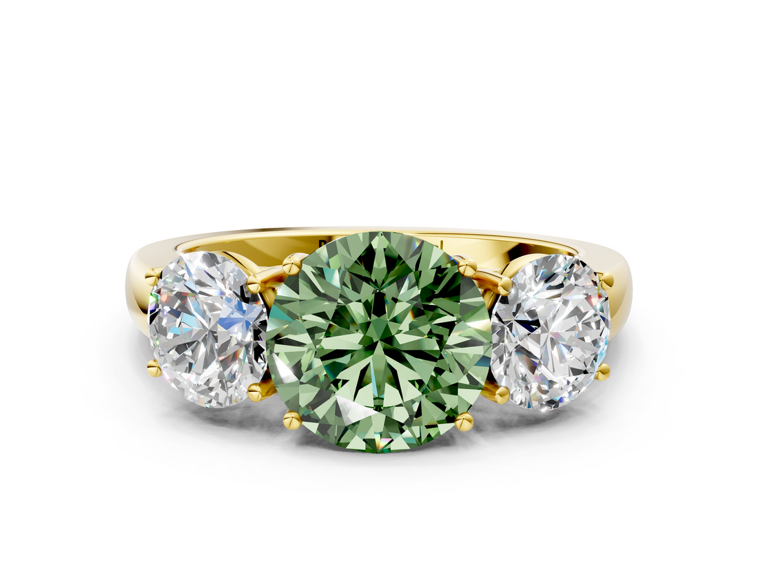 Yellow gold Three-Stone Fancy Green Round  Cut Diamond Ring with Channel-Set Band and Four-Prong Setting_61