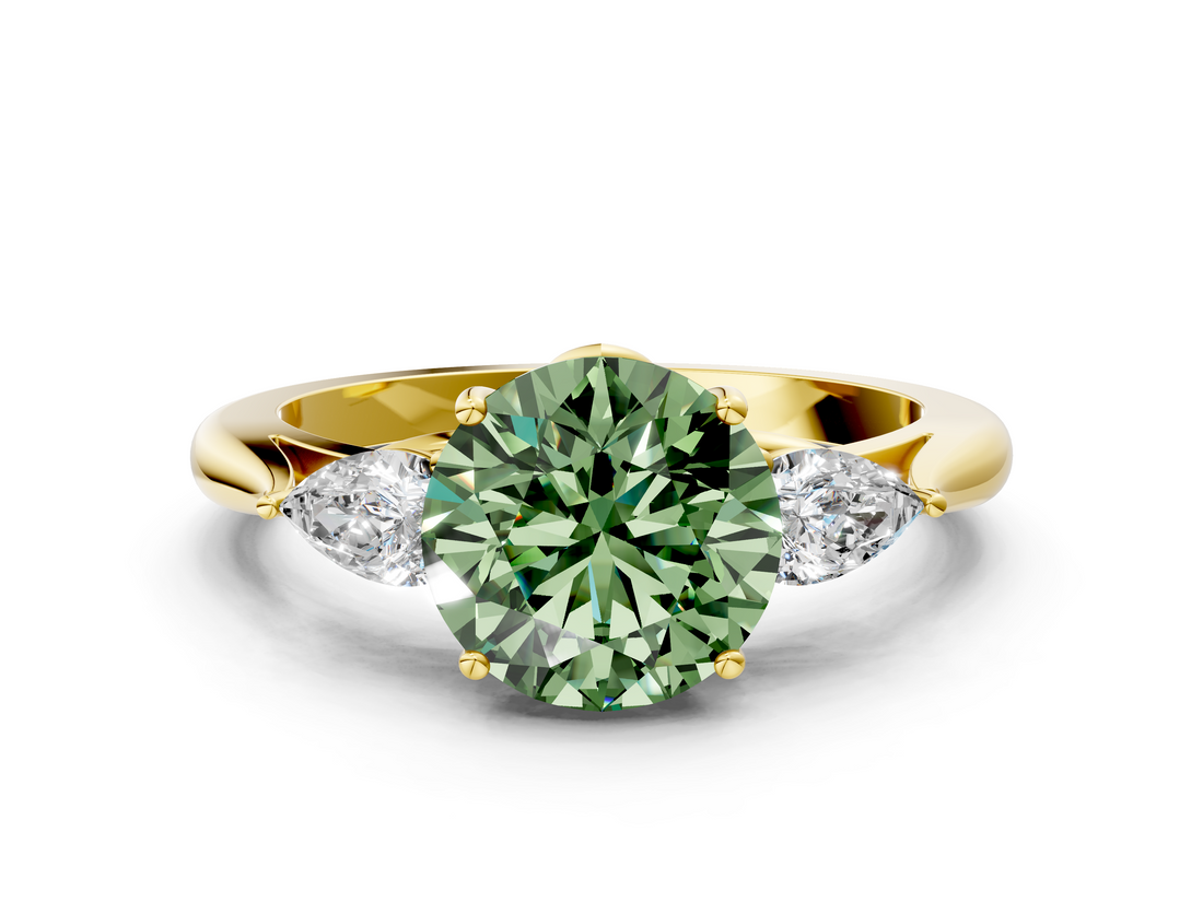 Yellow gold Three-Stone Fancy Green Round  Cut Diamond Ring with Pear Side Stones in Four-Prong Setting_108