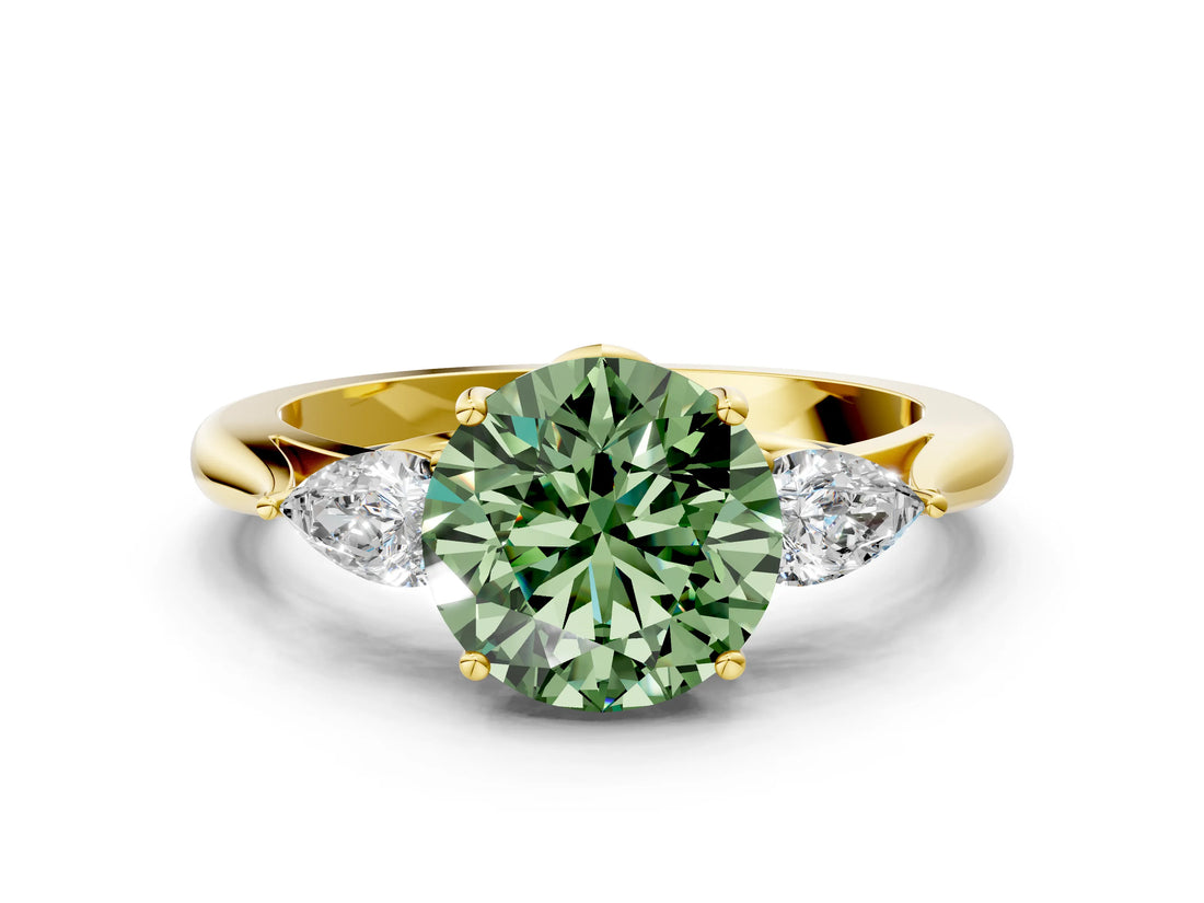 Yellow gold Three-Stone Fancy Green Round Cut Diamond Ring with Pear  Side Stones in Four-Prong Setting_36