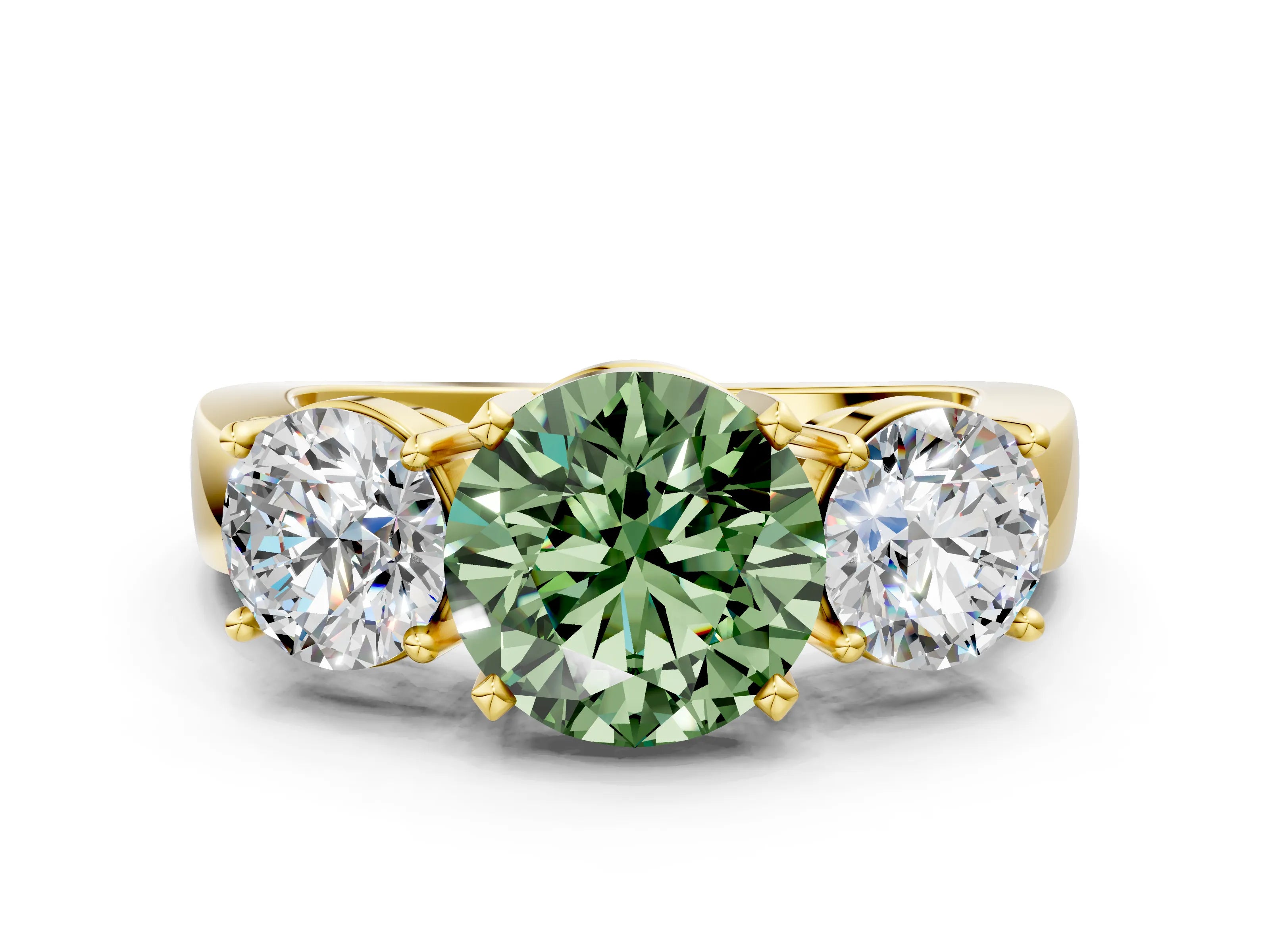 Yellow gold Three-Stone Fancy Green Round Cut Diamond Ring with Round Side Stones, Classic Band, and Four-Prong Setting