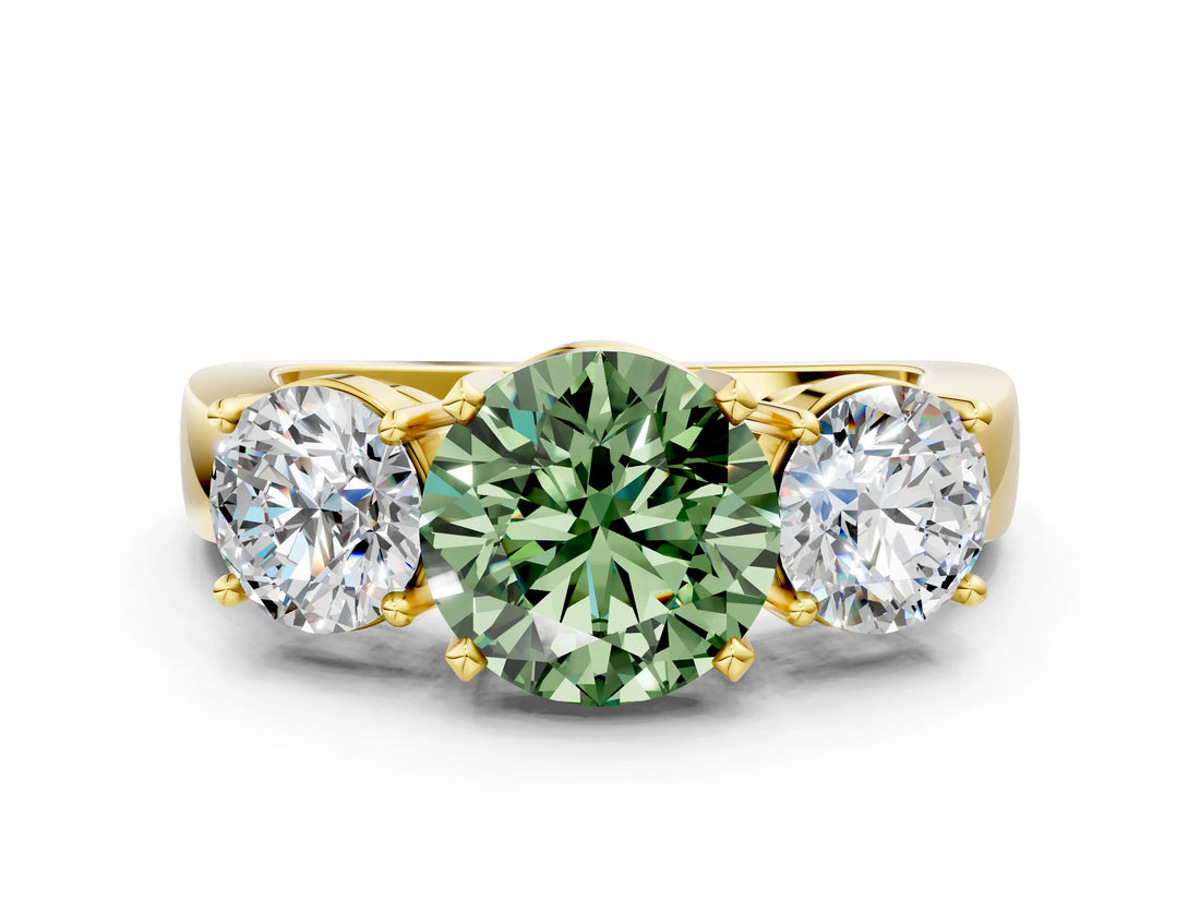 Yellow gold Three-Stone Fancy Green Round Cut Diamond Ring with Round Side Stones, Classic Band, and Four-Prong Setting