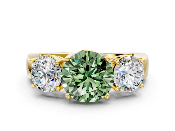 Yellow gold Three-Stone Fancy Green Round Cut Diamond Ring with Round Side Stones, Classic Band, and Four-Prong Setting