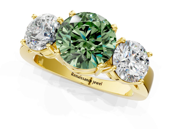 Yellow gold Three-Stone Fancy Green Round Cut Diamond Ring with Round Side Stones, Classic Band, and Four-Prong Setting