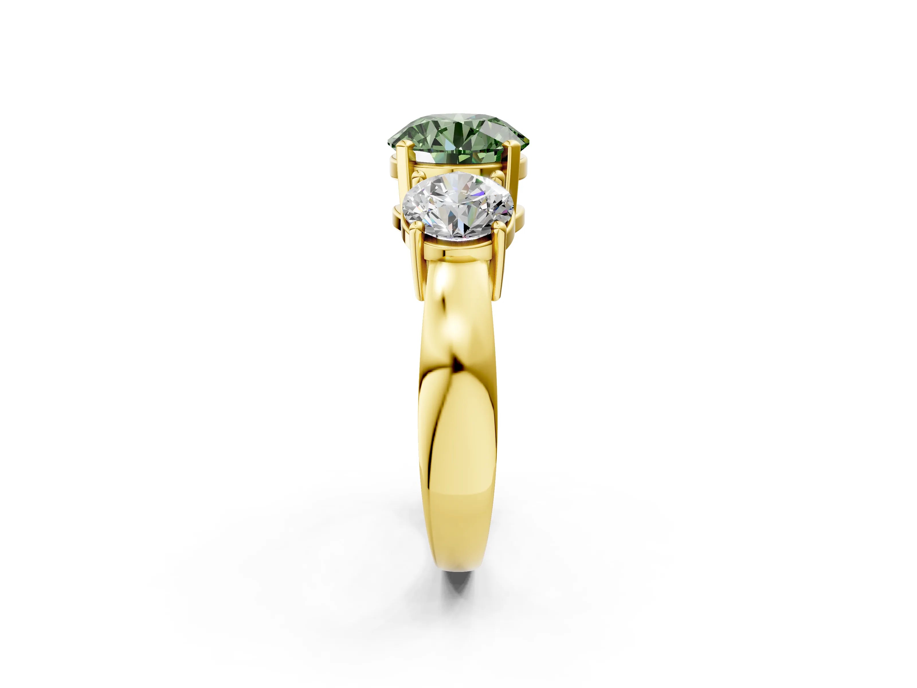 Yellow gold Three-Stone Fancy Green Round Cut Diamond Ring with Round Side Stones, Classic Band, and Four-Prong Setting_2