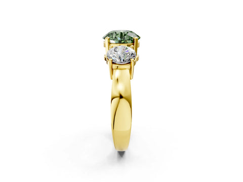 Yellow gold Three-Stone Fancy Green Round Cut Diamond Ring with Round Side Stones, Classic Band, and Four-Prong Setting_2
