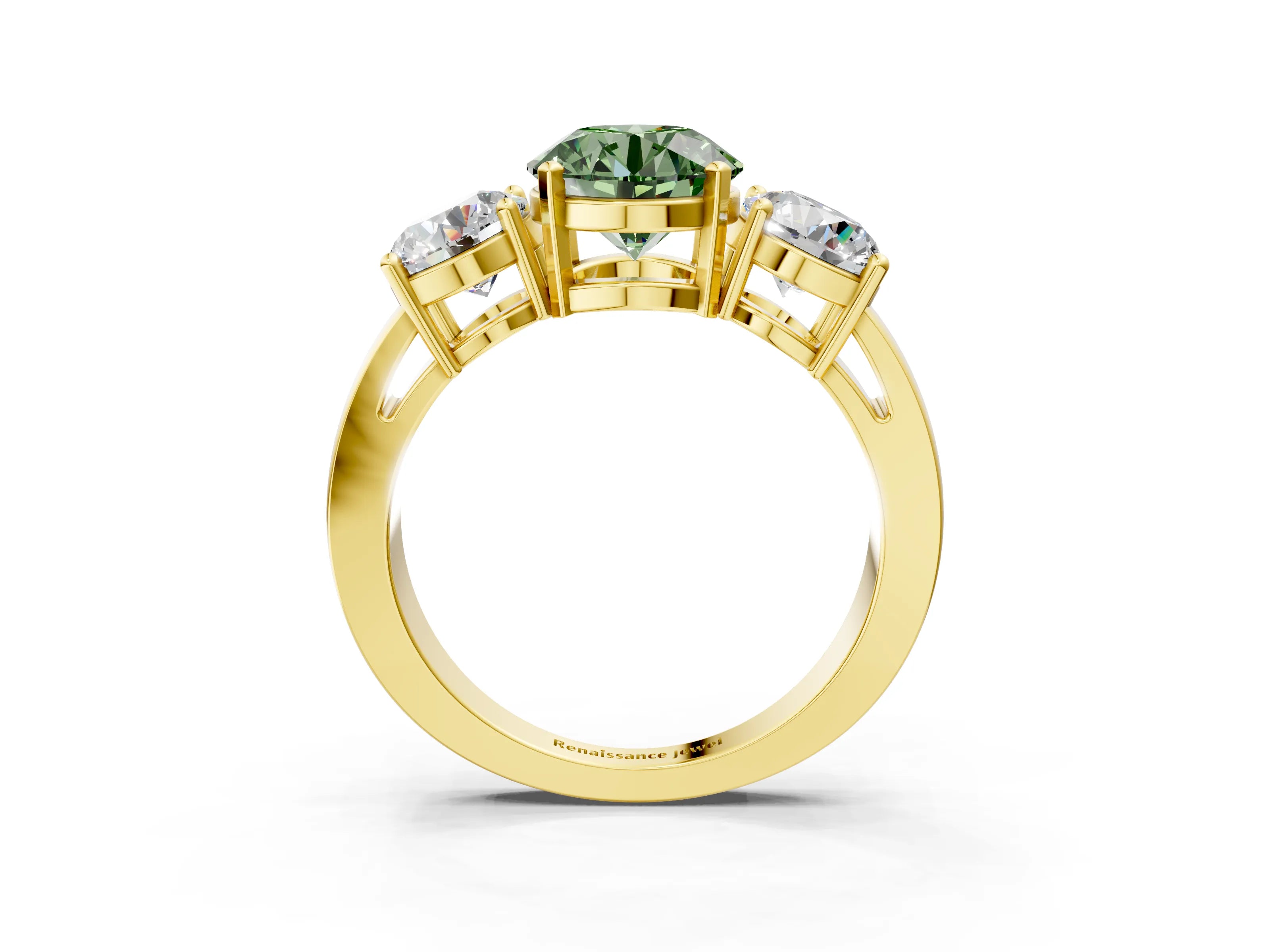 Yellow gold Three-Stone Fancy Green Round Cut Diamond Ring with Round Side Stones, Classic Band, and Four-Prong Setting_3