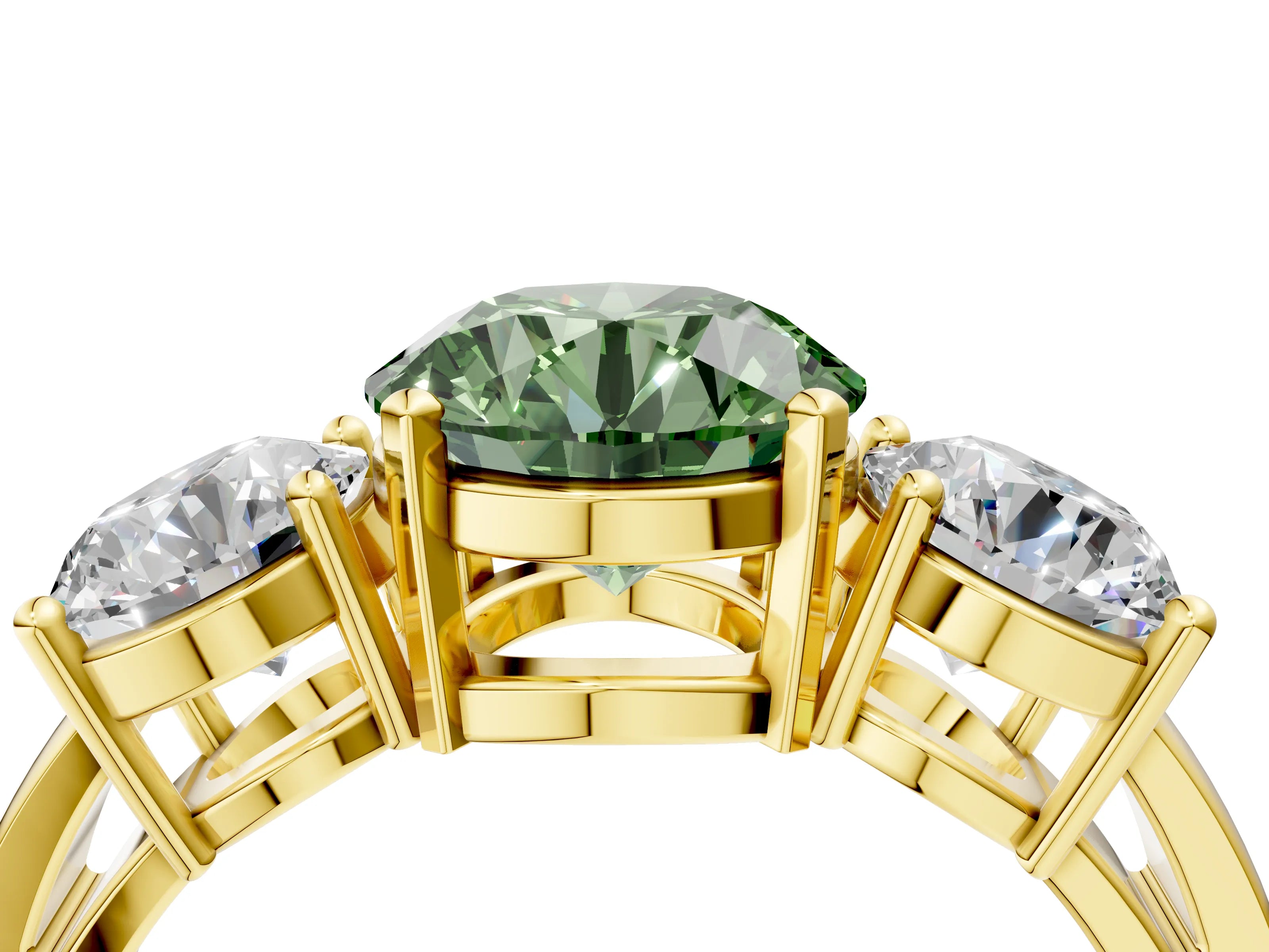 Yellow gold Three-Stone Fancy Green Round Cut Diamond Ring with Round Side Stones, Classic Band, and Four-Prong Setting_4