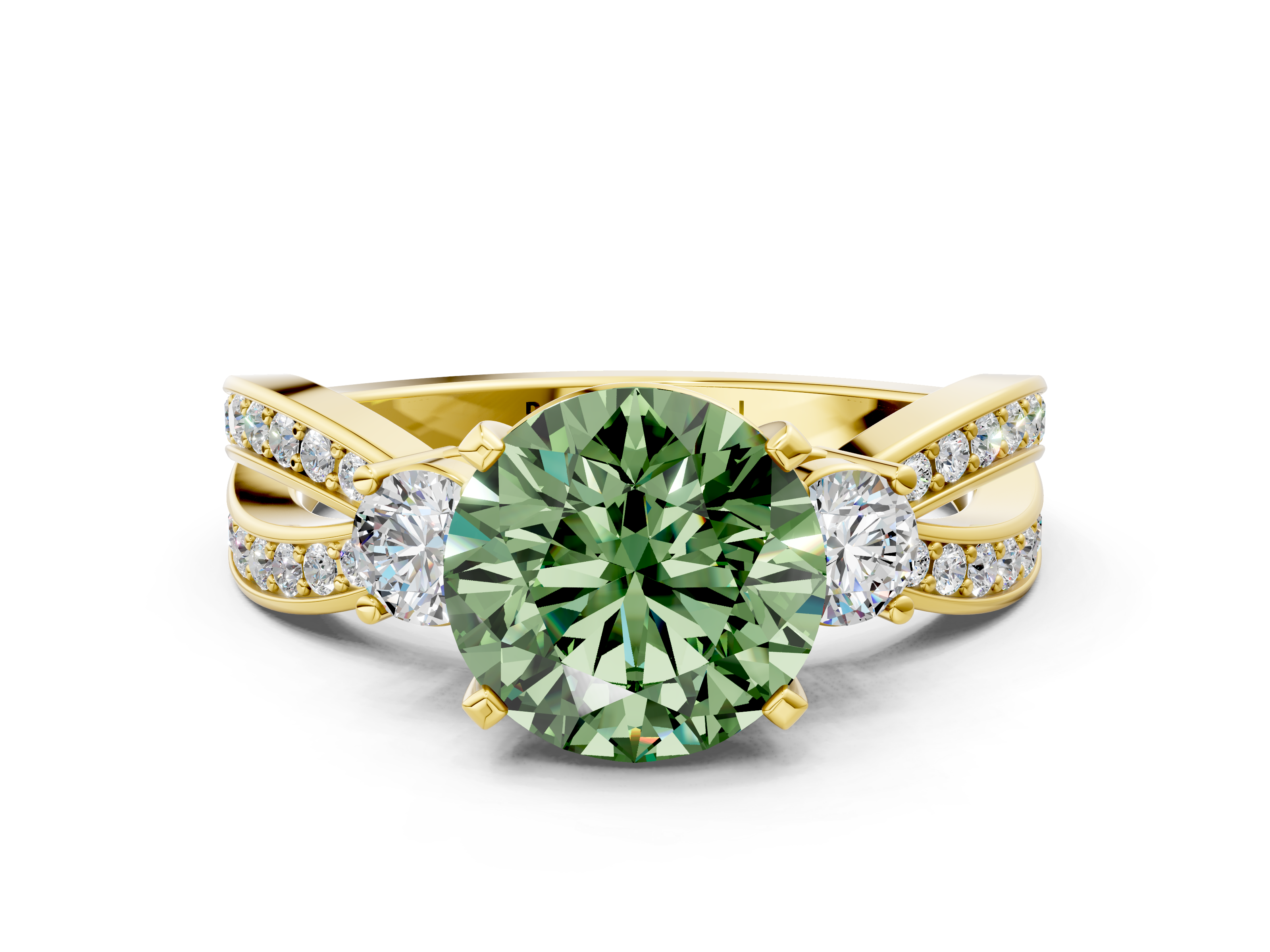 Yellow gold Three-Stone Fancy Green Round  Cut Diamond Twist Band with Prong Setting_56