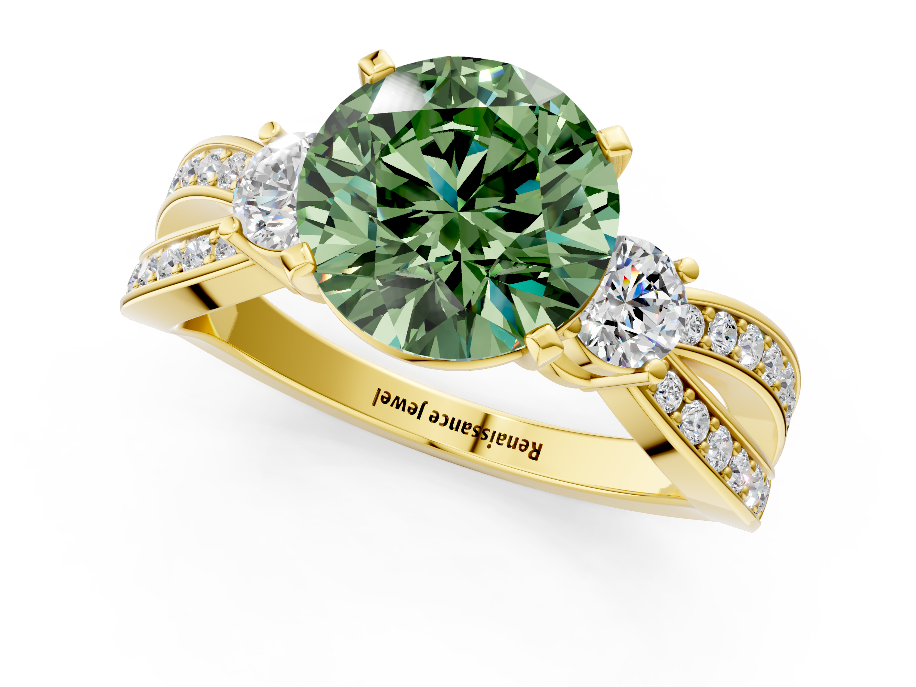 Yellow gold Three-Stone Fancy Green Round  Cut Diamond Twist Band with Prong Setting_57