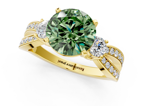 Yellow gold Three-Stone Fancy Green Round  Cut Diamond Twist Band with Prong Setting_57