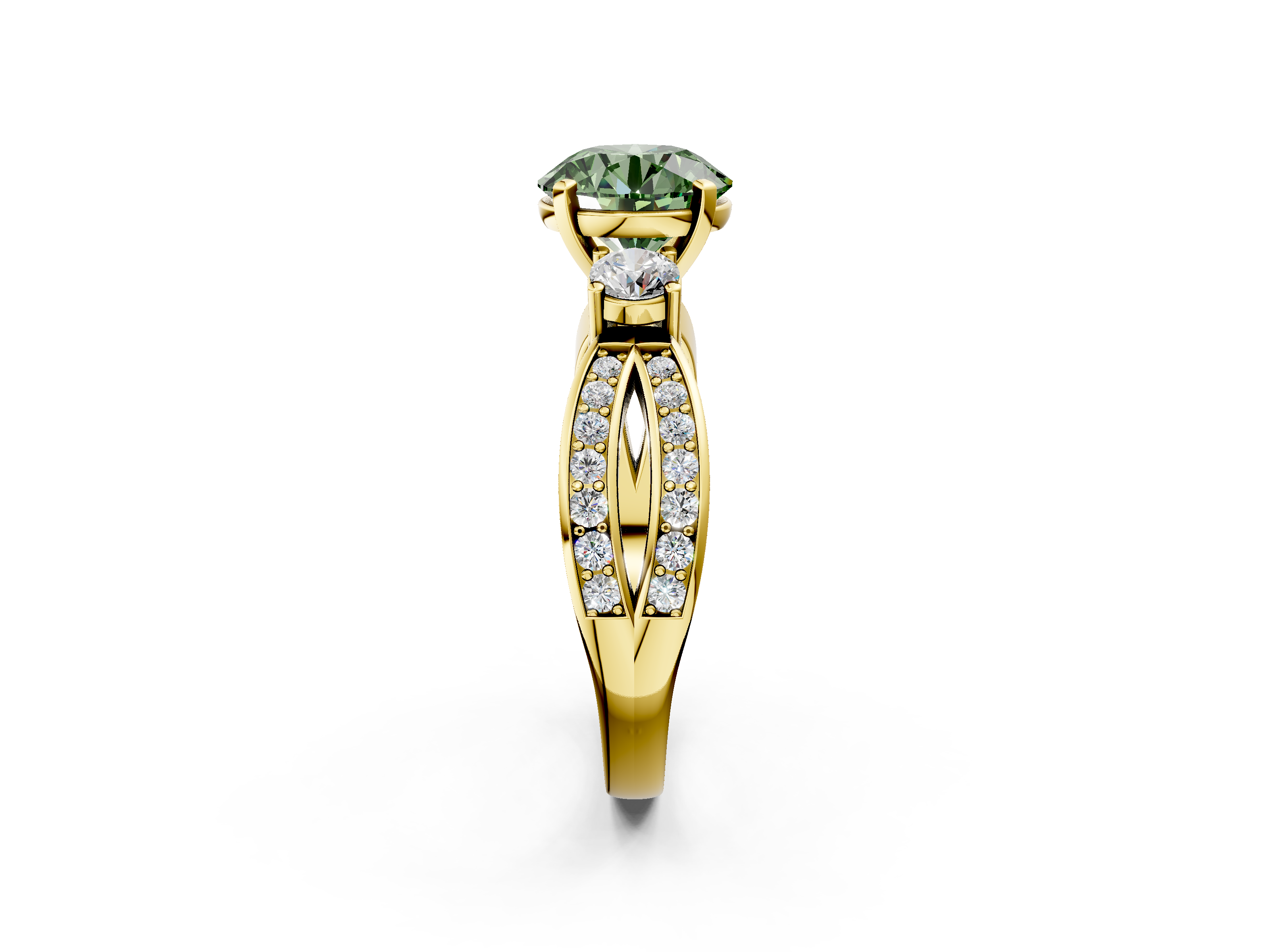 Yellow gold Three-Stone Fancy Green Round  Cut Diamond Twist Band with Prong Setting_58