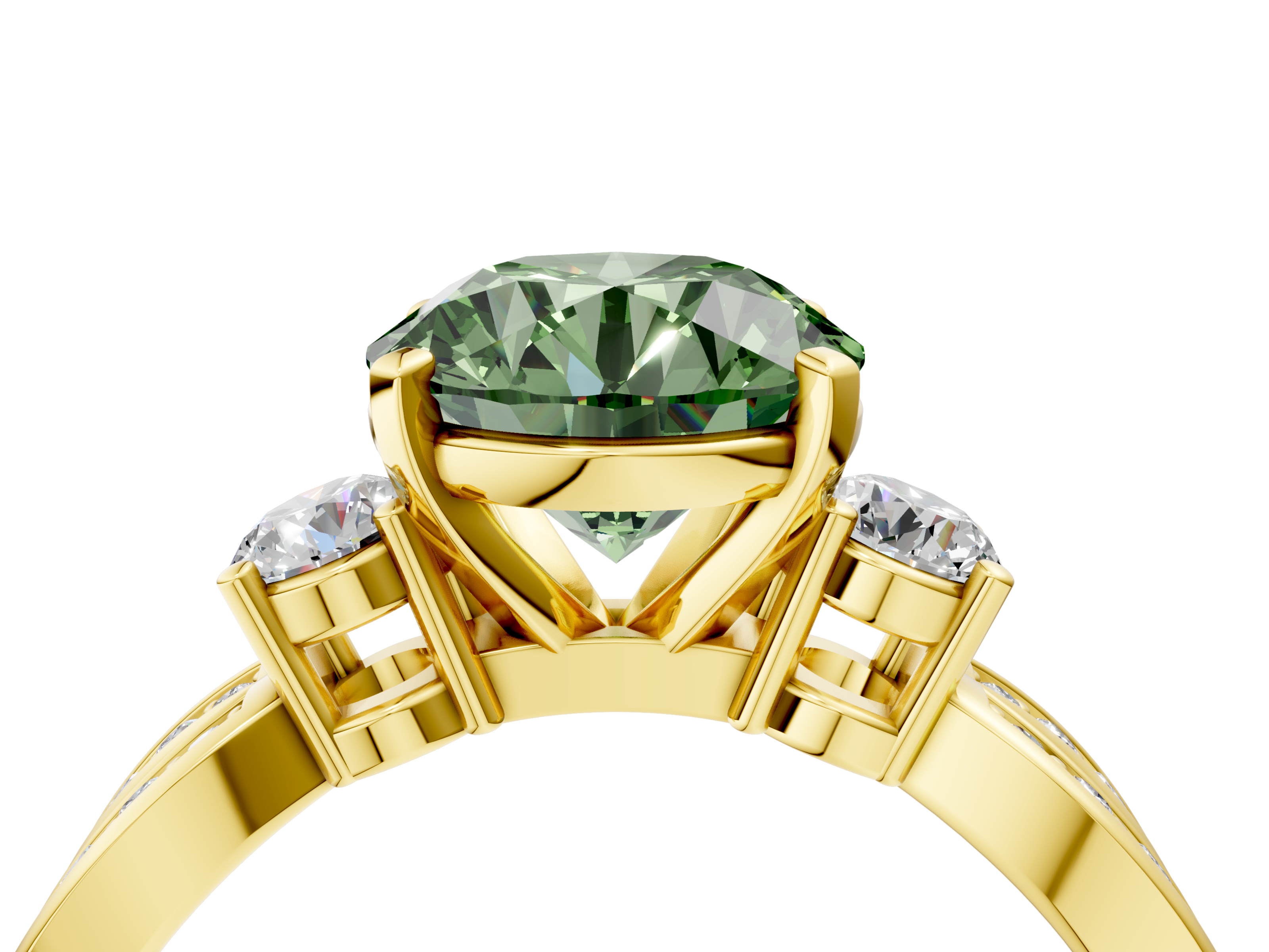 Yellow gold Three-Stone Fancy Green Round  Cut Diamond Twist Band with Prong Setting_60