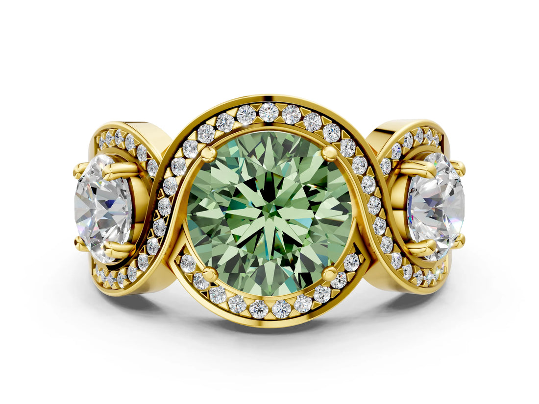 Yellow gold Three-Stone Fancy Green Round Cut Diamond Wave Pave Band with Prong Setting