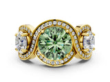 Yellow gold Three-Stone Fancy Green Round Cut Diamond Wave Pave Band with Prong Setting