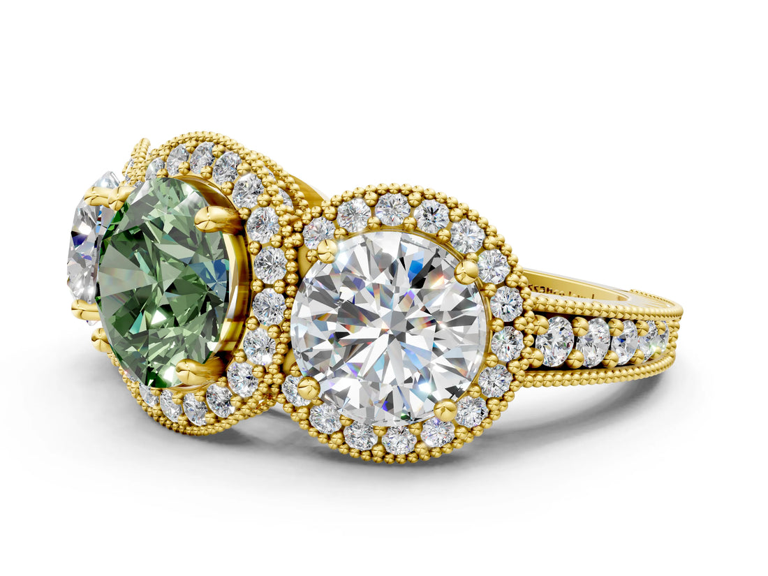 Yellow gold Three-Stone Fancy Green Round Cut Halo Diamond Milgrain Band with Four-Prong Setting