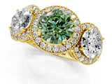 Yellow gold Three-Stone Fancy Green Round Cut Halo Diamond Milgrain Band with Four-Prong Setting_1