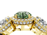 Yellow gold Three-Stone Fancy Green Round Cut Halo Diamond Milgrain Band with Four-Prong Setting_4