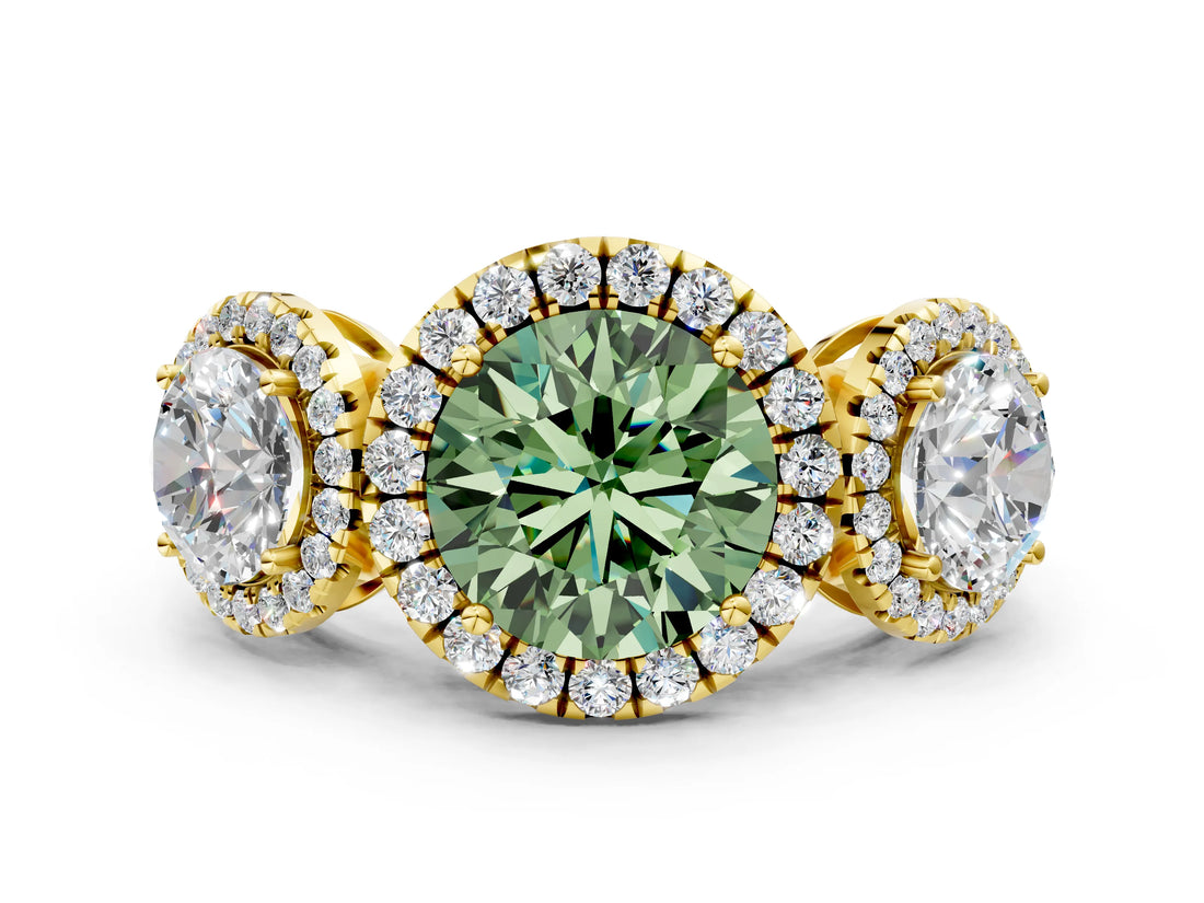 Yellow gold Three-Stone Fancy Green Round Cut Halo Diamond Ring with Pave Band and Four-Prong Setting