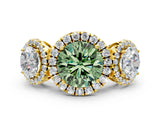 Yellow gold Three-Stone Fancy Green Round Cut Halo Diamond Ring with Pave Band and Four-Prong Setting