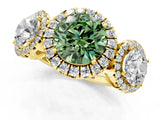 Yellow gold Three-Stone Fancy Green Round Cut Halo Diamond Ring with Pave Band and Four-Prong Setting_1