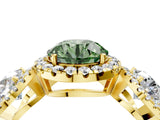 Yellow gold Three-Stone Fancy Green Round Cut Halo Diamond Ring with Pave Band and Four-Prong Setting_4