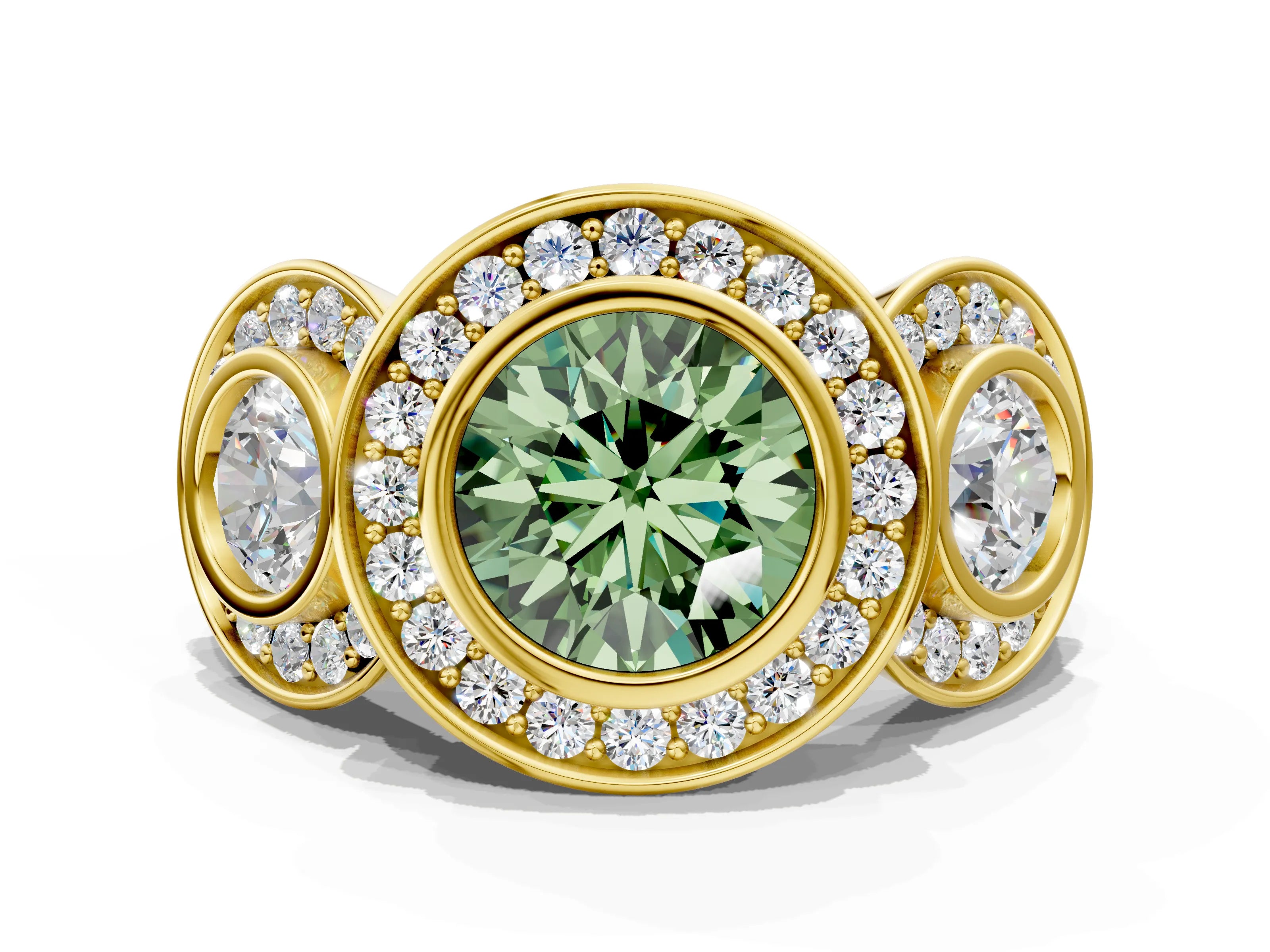 Yellow gold Three-Stone Fancy Green Round Cut Halo Pavé Diamond Ring