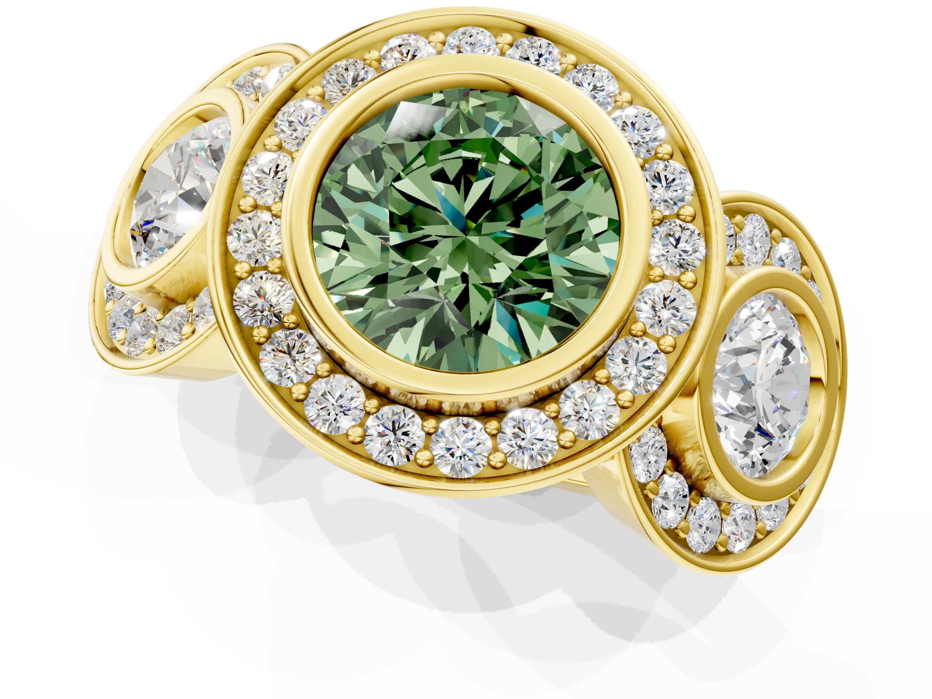 Yellow gold Three-Stone Fancy Green Round Cut Halo Pavé Diamond Ring_1