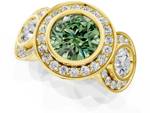 Yellow gold Three-Stone Fancy Green Round Cut Halo Pavé Diamond Ring_1