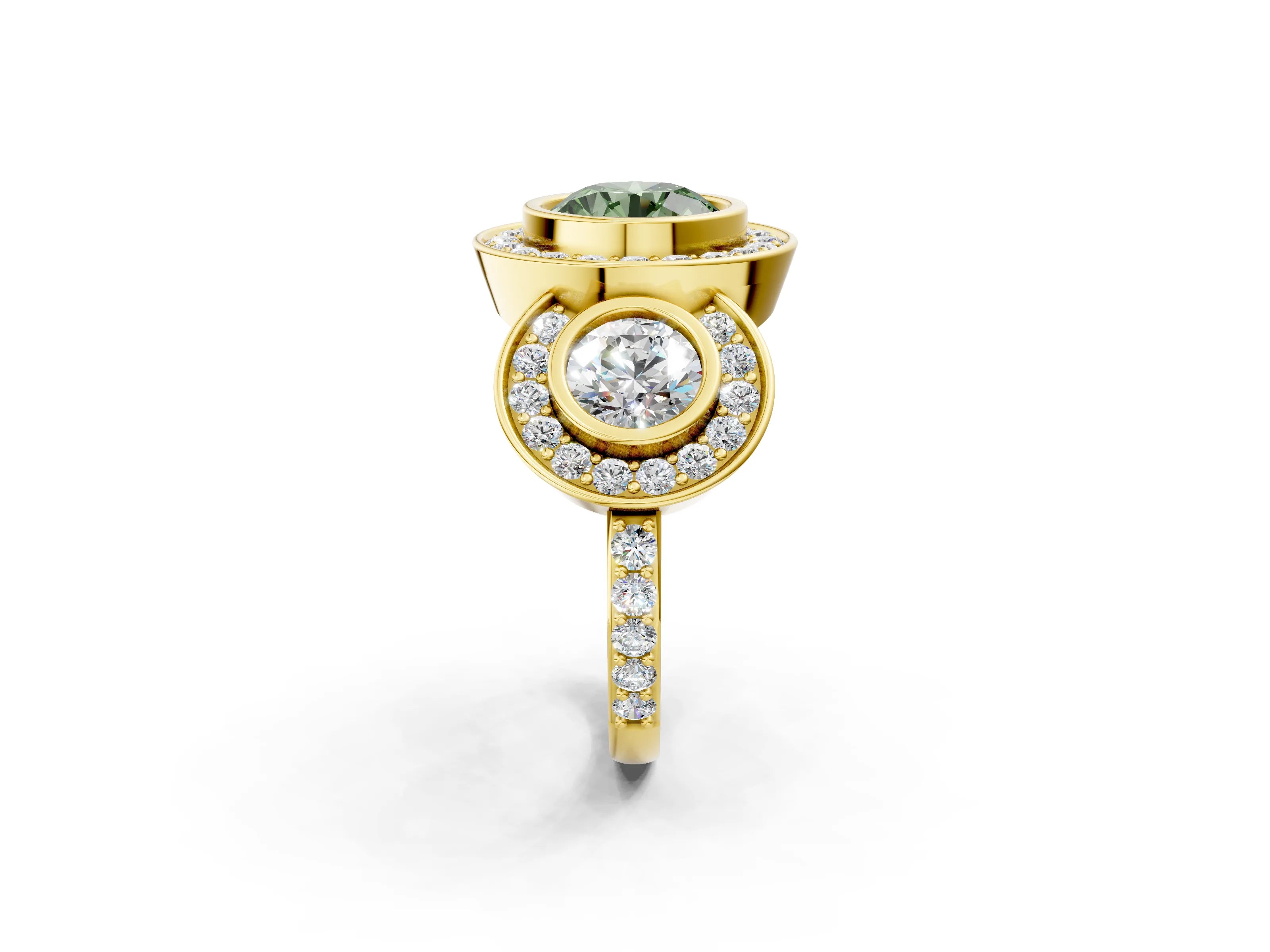 Yellow gold Three-Stone Fancy Green Round Cut Halo Pavé Diamond Ring_2