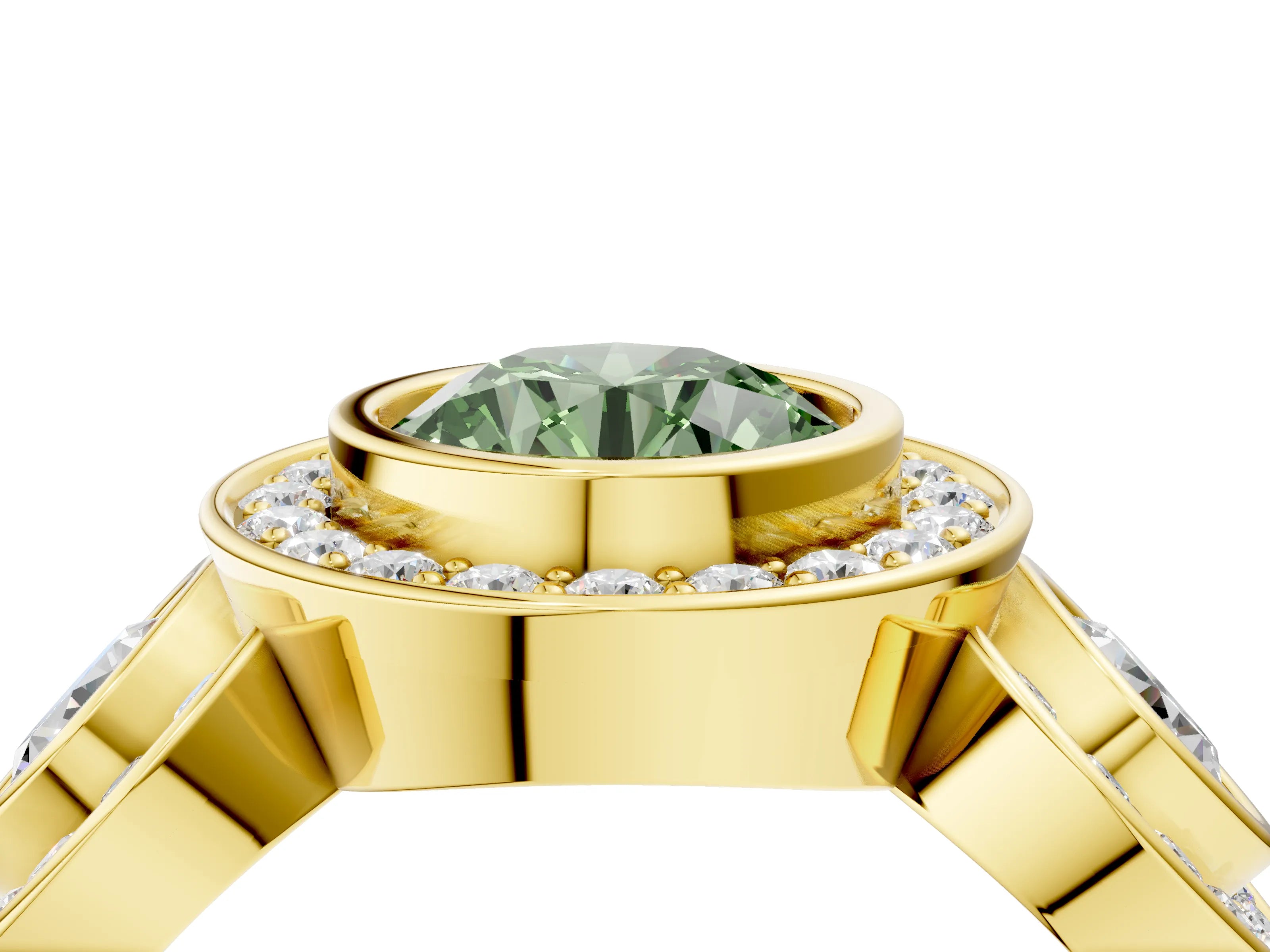 Yellow gold Three-Stone Fancy Green Round Cut Halo Pavé Diamond Ring_4