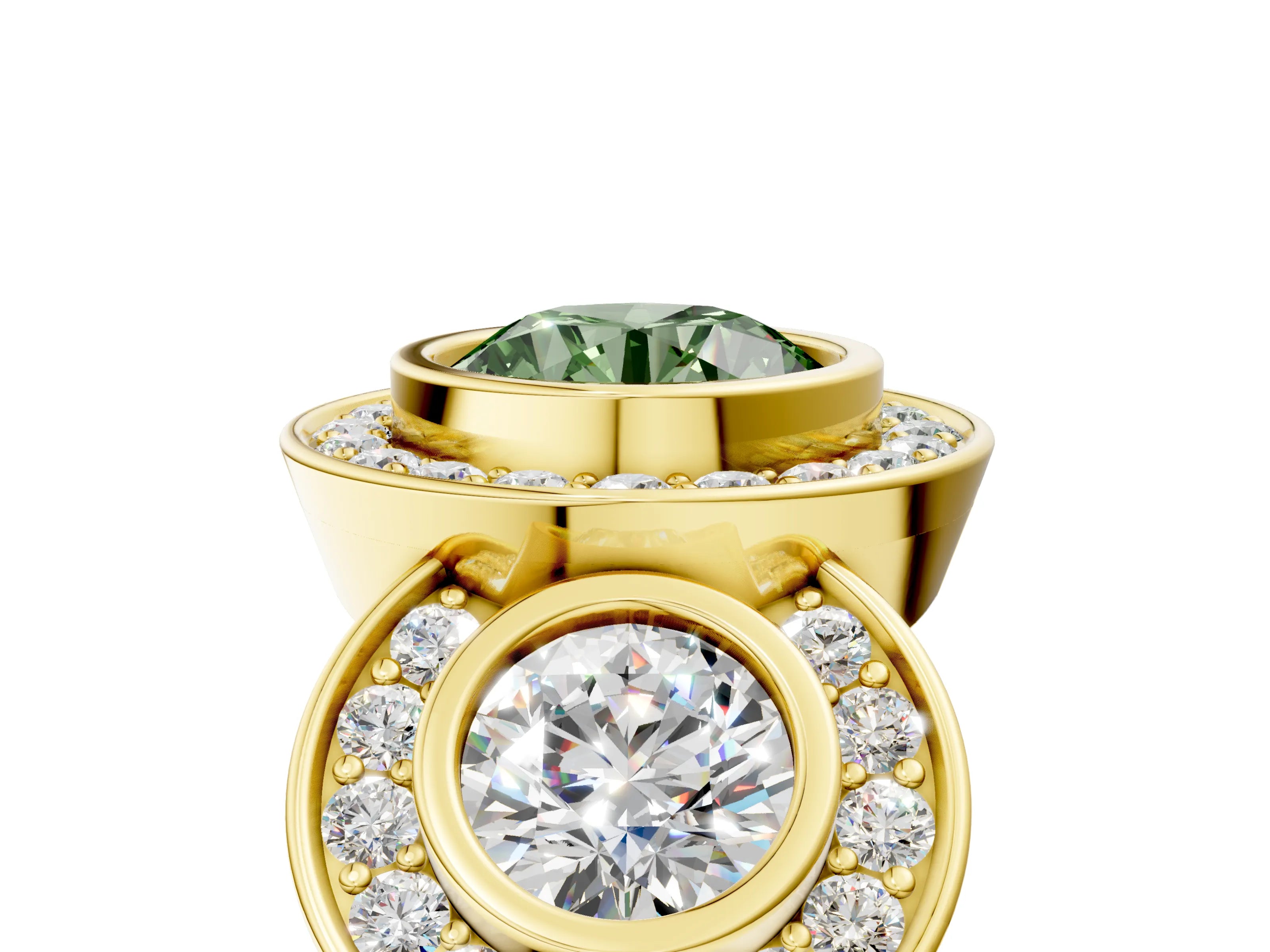 Yellow gold Three-Stone Fancy Green Round Cut Halo Pavé Diamond Ring_5