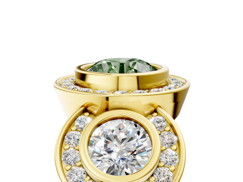 Yellow gold Three-Stone Fancy Green Round Cut Halo Pavé Diamond Ring_5