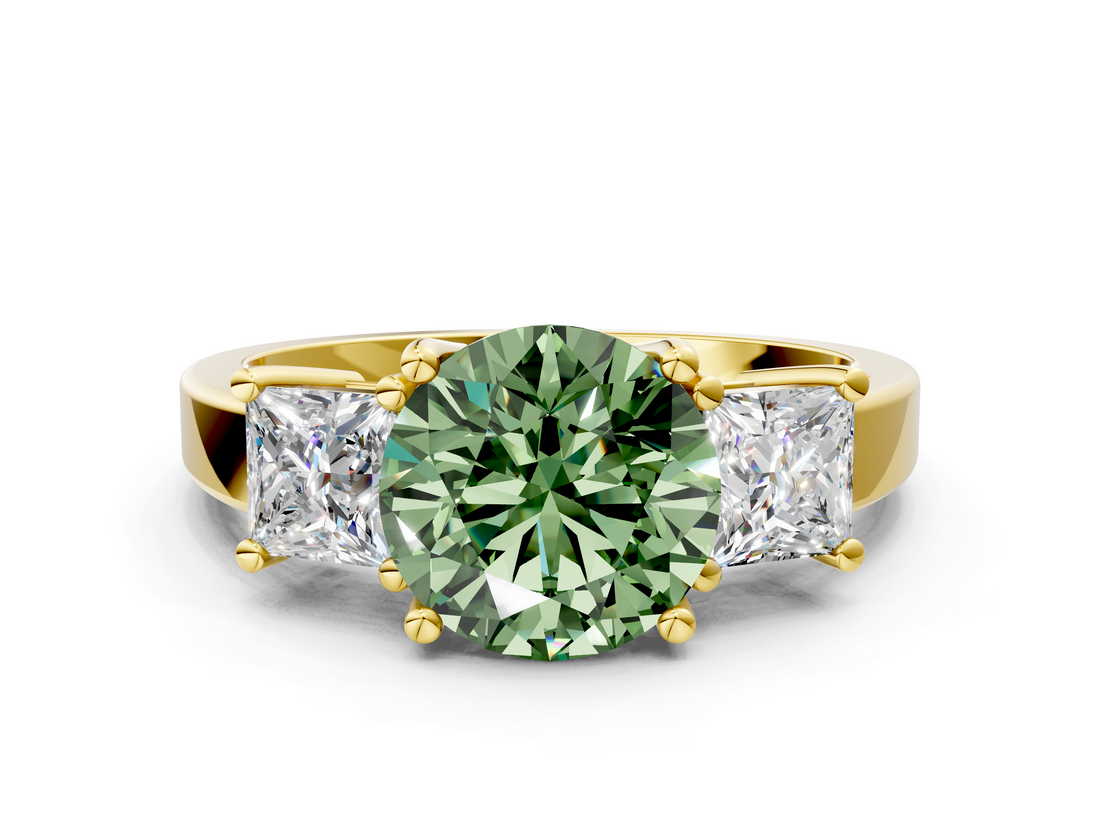 Yellow gold Three-Stone Fancy Green Round  Cut Solitaire Ring with Prong Setting_3