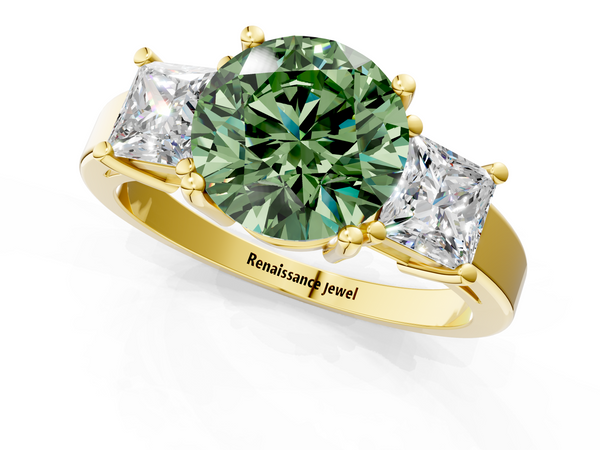 Yellow gold Three-Stone Fancy Green Round  Cut Solitaire Ring with Prong Setting