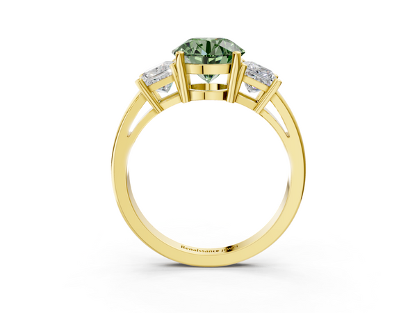 Yellow gold Three-Stone Fancy Green Round  Cut Solitaire Ring with Prong Setting