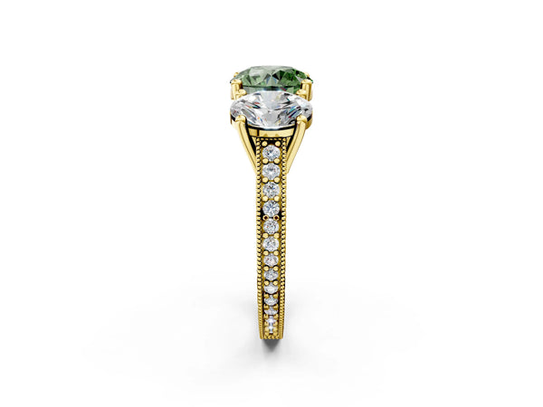 Yellow gold Three-Stone Fancy Green Round  Diamond Milgrain Pave Band with Prong Setting