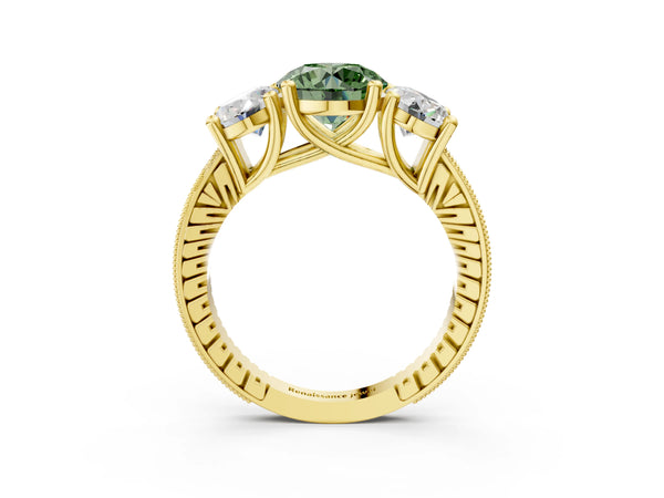 Yellow gold Three-Stone Fancy Green Round  Diamond Milgrain Pave Band with Prong Setting