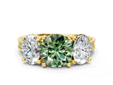 Yellow gold Three-Stone Fancy Green Round  Diamond Milgrain Pave Band with Prong Setting