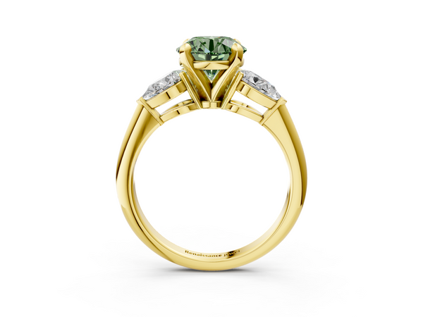 Yellow Gold Round Three Stone Engagement Ring Setting for Fancy Green Center with Pear Side Stones