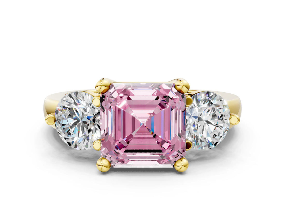 Yellow gold Three-Stone Fancy Pink Asscher  Brilliant Cut Solitaire Ring with Prong Setting on a Classic Band