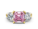 Yellow gold Three-Stone Fancy Pink Asscher  Brilliant Cut Solitaire Ring with Prong Setting on a Classic Band
