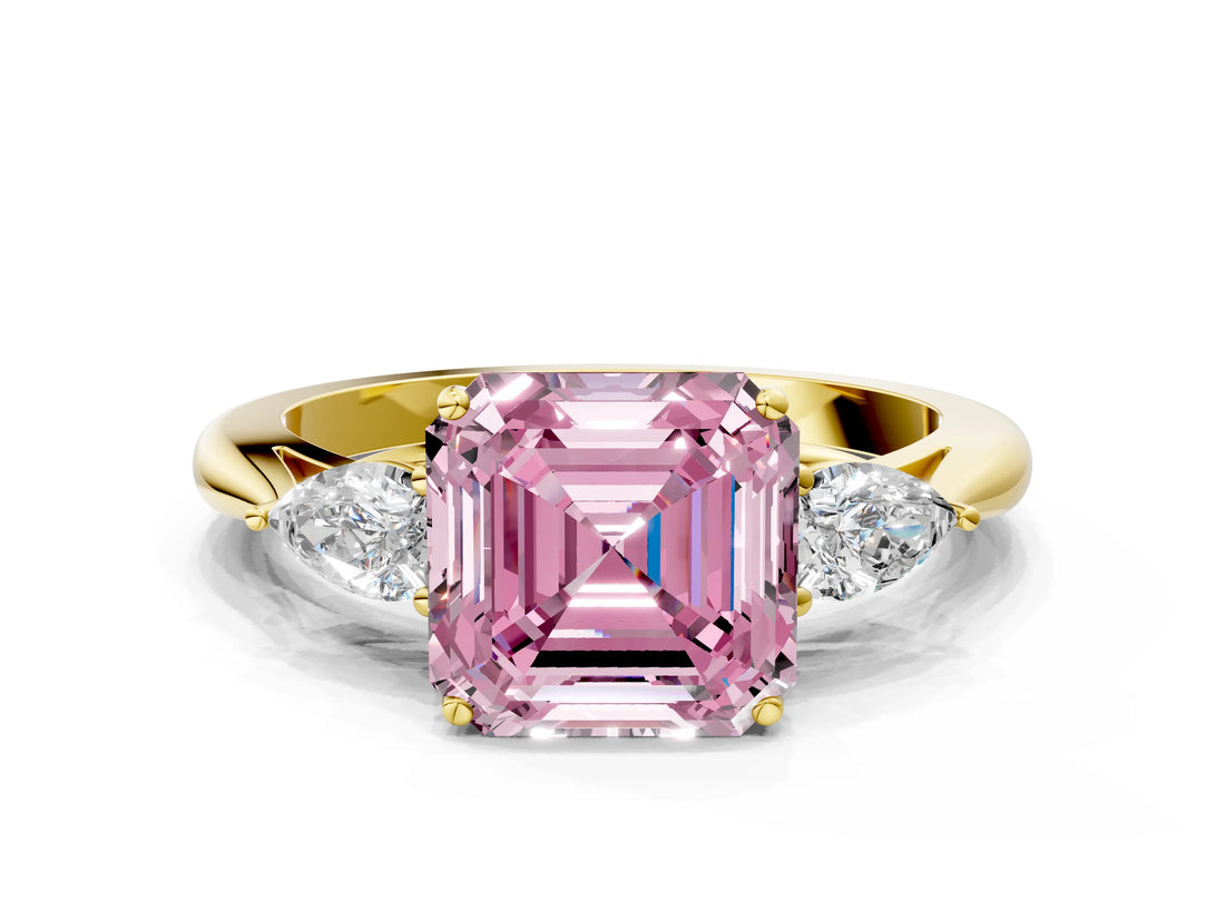 Yellow gold Three-Stone Fancy Pink Asscher Cut Brilliant Diamond Solitaire Ring with Tapered Band and Four-Prong Setting_6