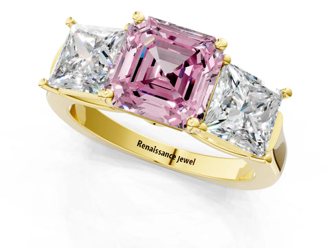 Yellow gold Three-Stone Fancy Pink Asscher Cut Brilliant Diamond Trellis Ring with Comfort Fit Band_1