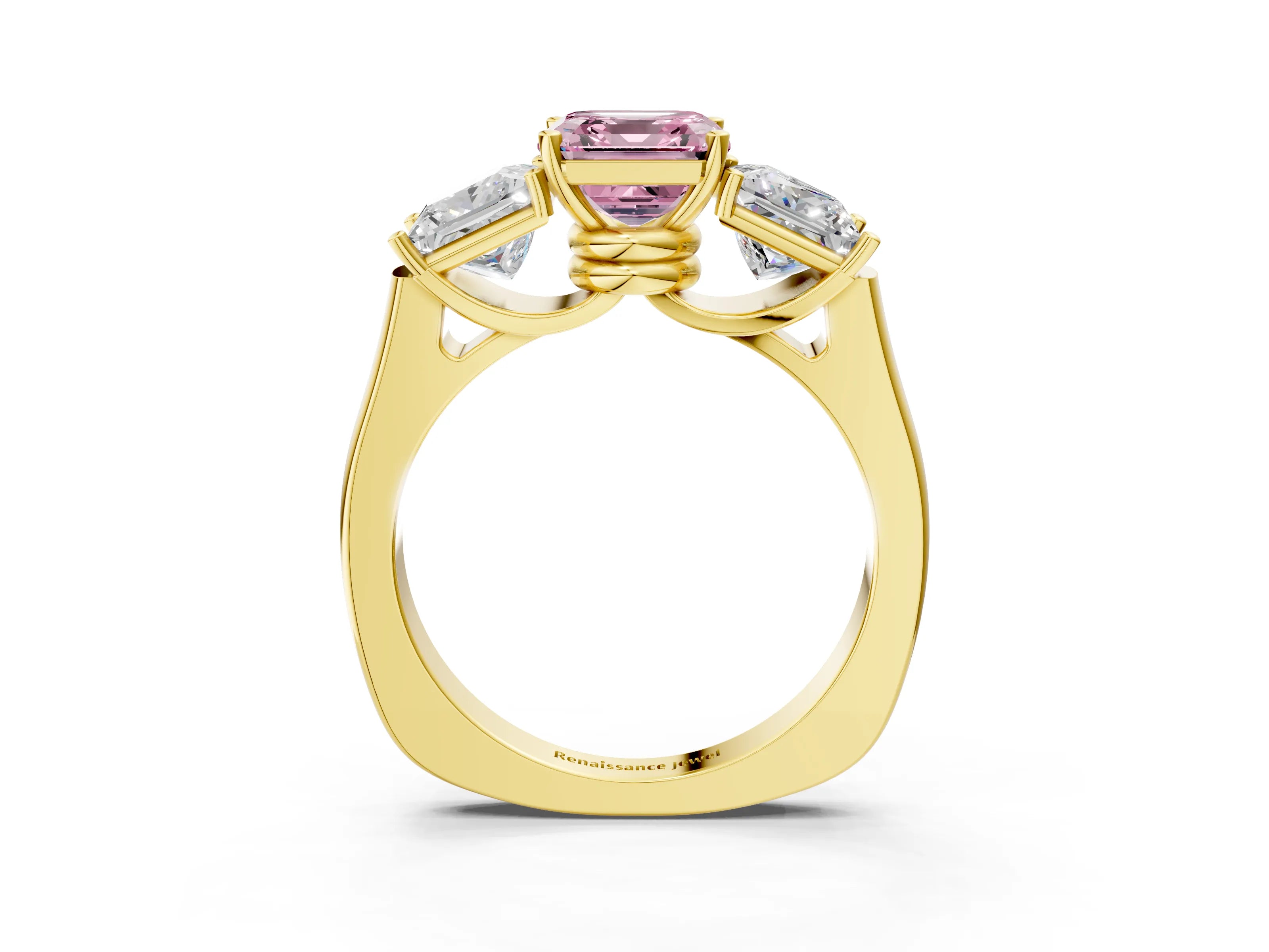 Yellow gold Three-Stone Fancy Pink Asscher Cut Brilliant Diamond Trellis Ring with Comfort Fit Band_3